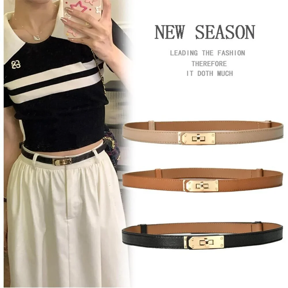 Women’s Leather Skinny Belt Adjustable Solid Color Alloy Turn Lock for Dresses